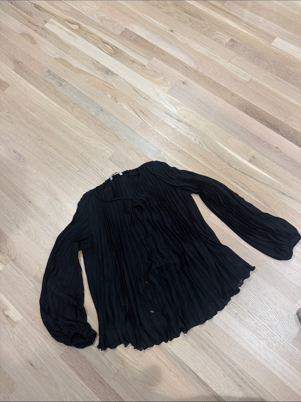 Zara Black Pleated Long-Sleeve Tie-Neck Blouse